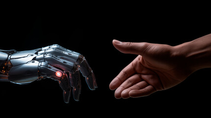 artificial intelligence, robot hand and human hand touching each other, Android creation and intelligence concept