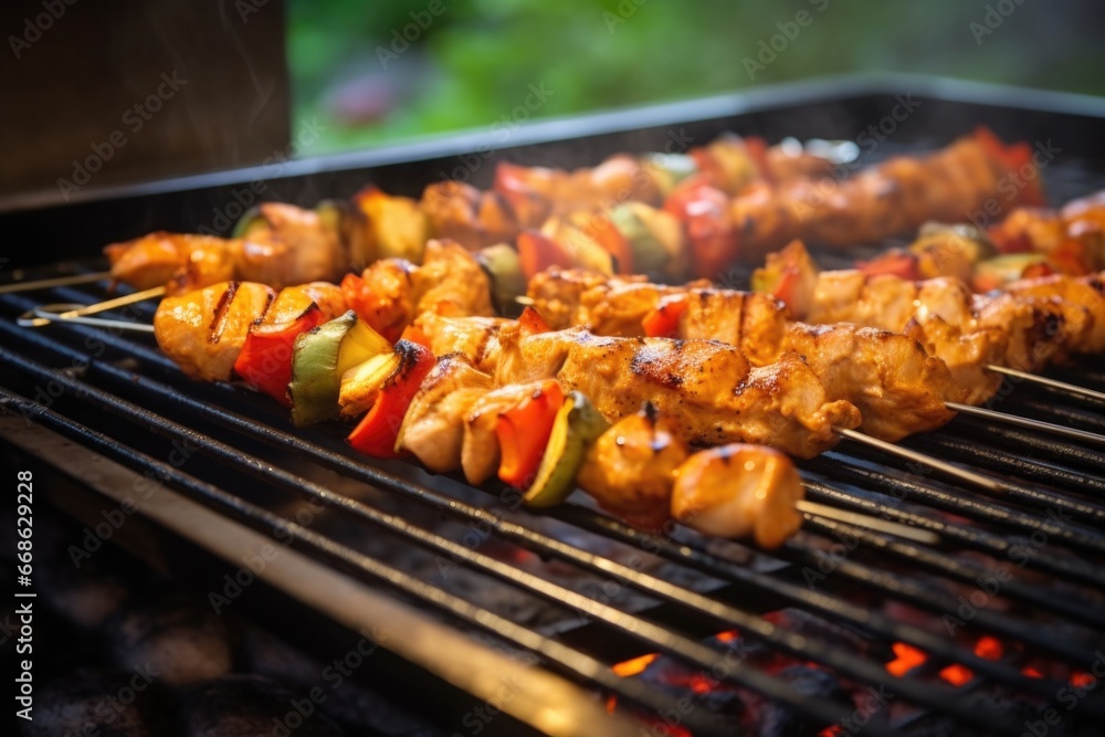 Poster chicken skewers cooking on an electric grill