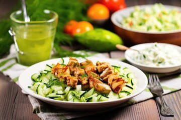 chicken skewers next to a bowl of cucumber salad