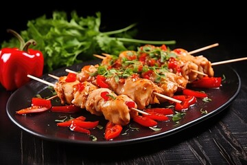 closely captured image of chicken skewers with red chili pepper garnishing