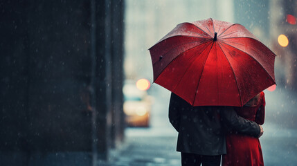 couple walking on street with rain embraced