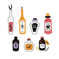 Flat style vector set with mysterious potion bottles on white background.