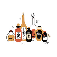 Flat style vector illustration with mysterious potion bottles on white background	
