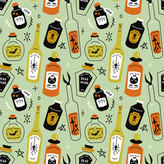 Vector seamless pattern with mysterious halloween potions on green background. Modern design for fabric and paper, surface textures. 