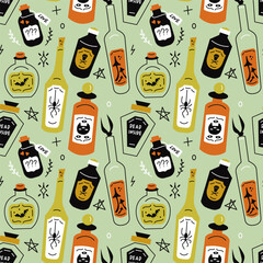 Vector seamless pattern with mysterious halloween potions on green background. Modern design for fabric and paper, surface textures. 