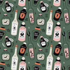 Vector seamless pattern with mysterious halloween potions on dark green background. Modern design for fabric and paper, surface textures.