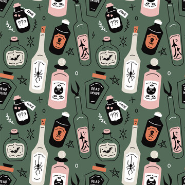 Vector seamless pattern with mysterious halloween potions on dark green background. Modern design for fabric and paper, surface textures.
