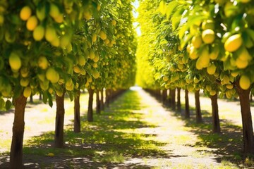 rows of lemon trees in bright sunlight