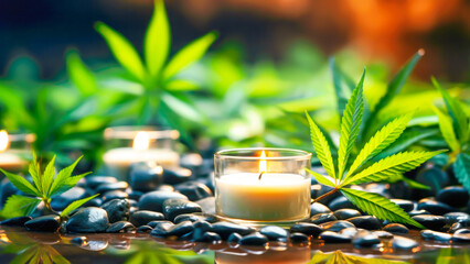Harmony, healing, spa relax and sustainable still life with burning candle, massage stone, pebble and marijuana Leaves. Concept of relaxing, good health and healthy sleep. Generative ai