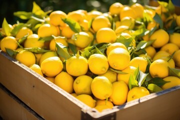 detail shot of an overflowing crate of freshly harvested lemons