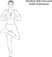 Sketch of young woman doing yoga Ardha Padmasana. Standing Half Lotus pose or Half Lotus Tree pose. Isolated vector illustration.