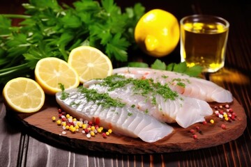 fish fillet with lemon slices and fresh parsley