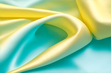 Close-up of a blue and yellow satin fabric. The fabric is smooth and flowing, and it looks like it would be perfect for a wedding or a special occasion.