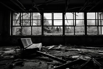 a b&w shot of an abandoned school building