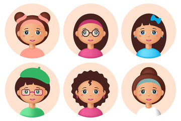 3d set children's avatar, cute face of a girl with a smile and different hairstyle. Collection of happy children. 