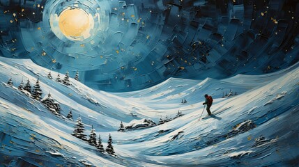 Oil painting of winter sports under a full moon at night. Digital Art.
