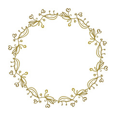 Vector golden vintage wreath - doodle with leaves, swirls and hearts. Greeting, wedding card, coaster design.
