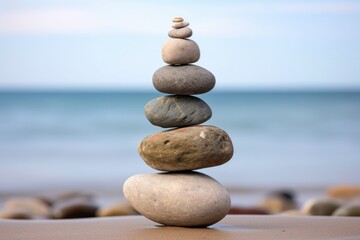 Fototapeta na wymiar three rocks balancing in a stack by a seashore