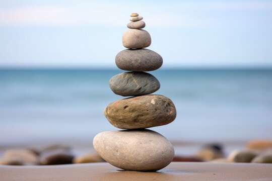 three rocks balancing in a stack by a seashore