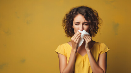 young woman with an allergy or cold sneezes and covers her face with a handkerchief on a color background, illness, sick girl, medicine, health, asthma, flu, virus, cough, treatment, soreness - obrazy, fototapety, plakaty