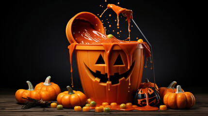 Halloween jack o lantern pail with spilling candy