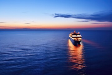 illuminated cruise ship cruising the open sea at twilight