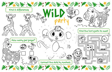 Festive placemat for children. Print out the "Wild Party" sheet with a labyrinth, connect the dots, and find the differences. 17x11 inch printable vector file