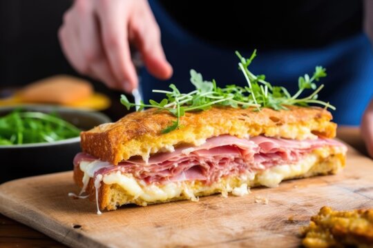 human hand through a croque monsieur revealing the filling