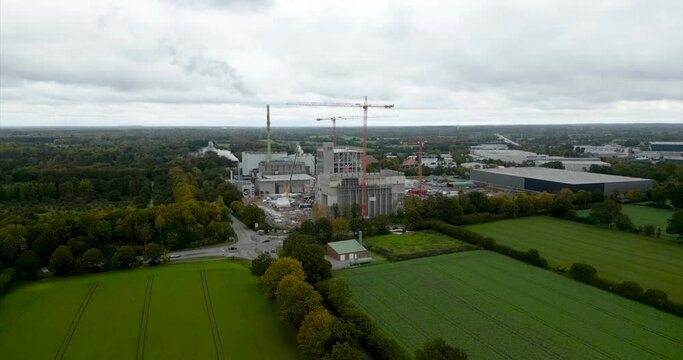 4k 60fps drone aerial footage of an construction site of a waste incineration plant