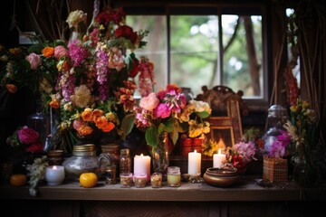 Fototapeta na wymiar shrine with fresh flowers and burning candles