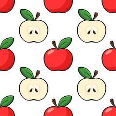 Apples vector seamless pattern. Red apples and cut slices with seeds on white background. Best for textile, wallpapers, home decoration, wrapping paper, package and your design.