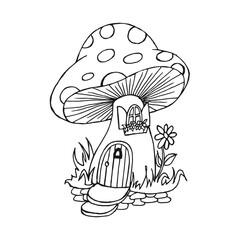 Mushroom house, magical character. Outline drawing, sketch for coloring. Vector