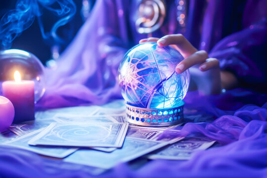 Fortune telling and predicting future. Mystical scene with female hand delicately touching glowing crystal ball near candles, smoke wafts and tarot cards lie scattered on backdrop of purple drapery