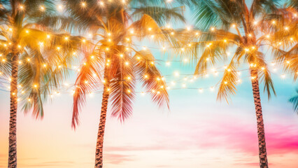 Fototapeta premium Holiday background of tropical palm trees illuminated by string lights against sunset gradient sky, evoking warm, festive and magical atmosphere of serene evening. Concept of resort and vacation