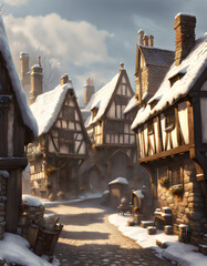 Obraz premium medieval town street in winter with ancient houses covered in snow