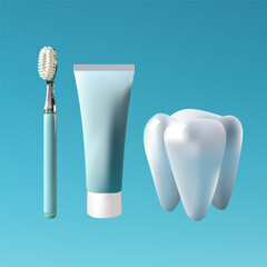 Toothbrush, toothbrush and toothpaste on a bare background. 3D objects. Vector.