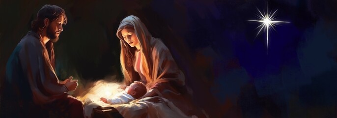 Christmas story. Christmas night, Mary, Joseph and the baby Jesus, Son of God , symbol of Christianity , Christmas greeting card, art illustration painted, generative ai.