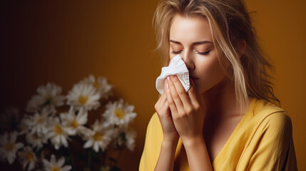 young woman with an allergy or cold sneezes and covers her face with a handkerchief on a color background, illness, sick girl, medicine, health, asthma, virus, cough, treatment, pollen, flower, bloom