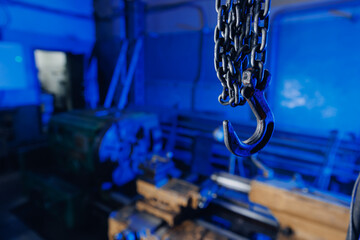 Crane for feeding large metal blanks for production of parts on CNC turning cutting machine. Concept industrial Metalworking banner