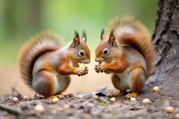 Rolgordijnen two squirrels eating a nut together © altitudevisual