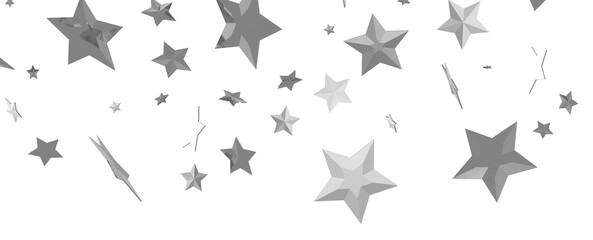 Abstract pattern of random falling silver stars on transparent background.