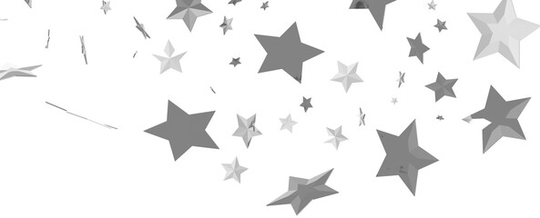 Abstract pattern of random falling silver stars on transparent background.