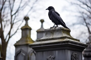a lone raven sitting on a stone monument in a cemetery