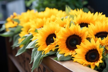 close up of a bunch of sunflowers on a wooden coffin