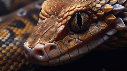 Fototapeta premium Snake close up macro. Snake eye close up macro. Beautiful dangerous snake 3D wallpaper, studio shooting. Brown snake. Generative ai.