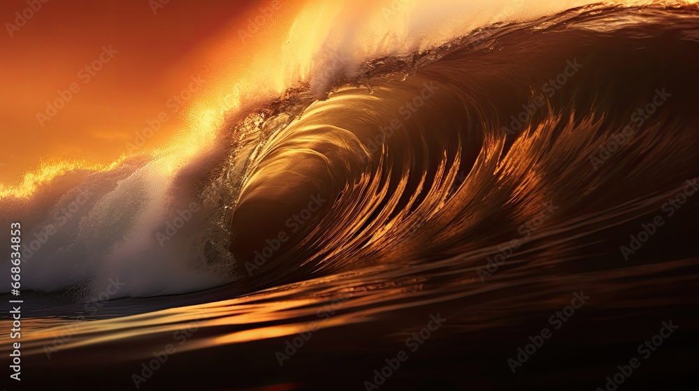 Wall mural dark majestic wave cresting in golden morning light