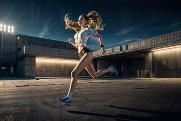 Woman running alone at night wearing sportswear and sneakers, long brown hair flowing, dynamic movement