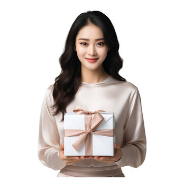 asian woman holding gift box  isolated on transparent background