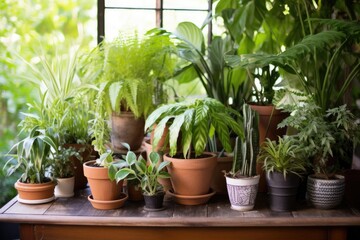 potted plants grouped around a sapling