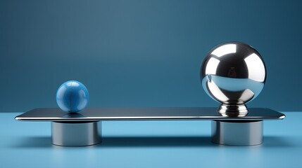 One large and one smaller silver ball on seesaw weight scale, larger ball on high side, blue surface and background
